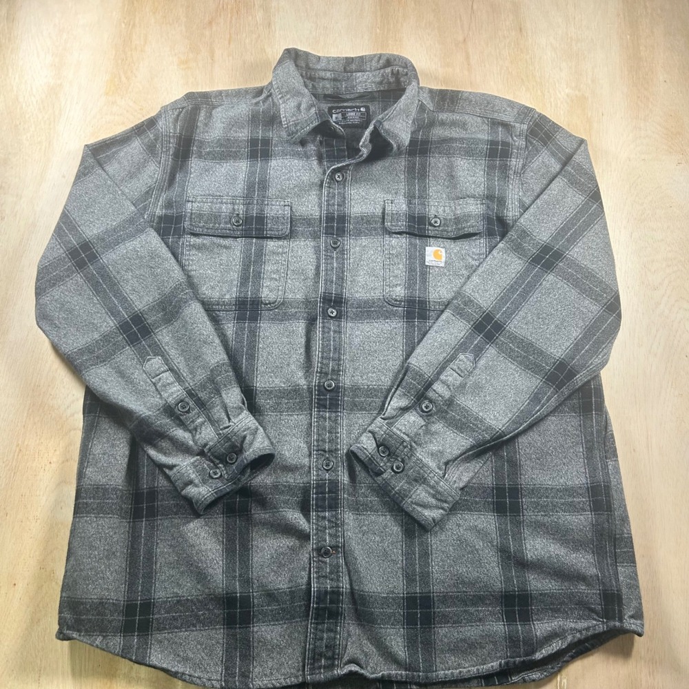 Carhartt Mens XL Loose Fit Plaid Flannel Shirt Jacket Grey Black Shacket
